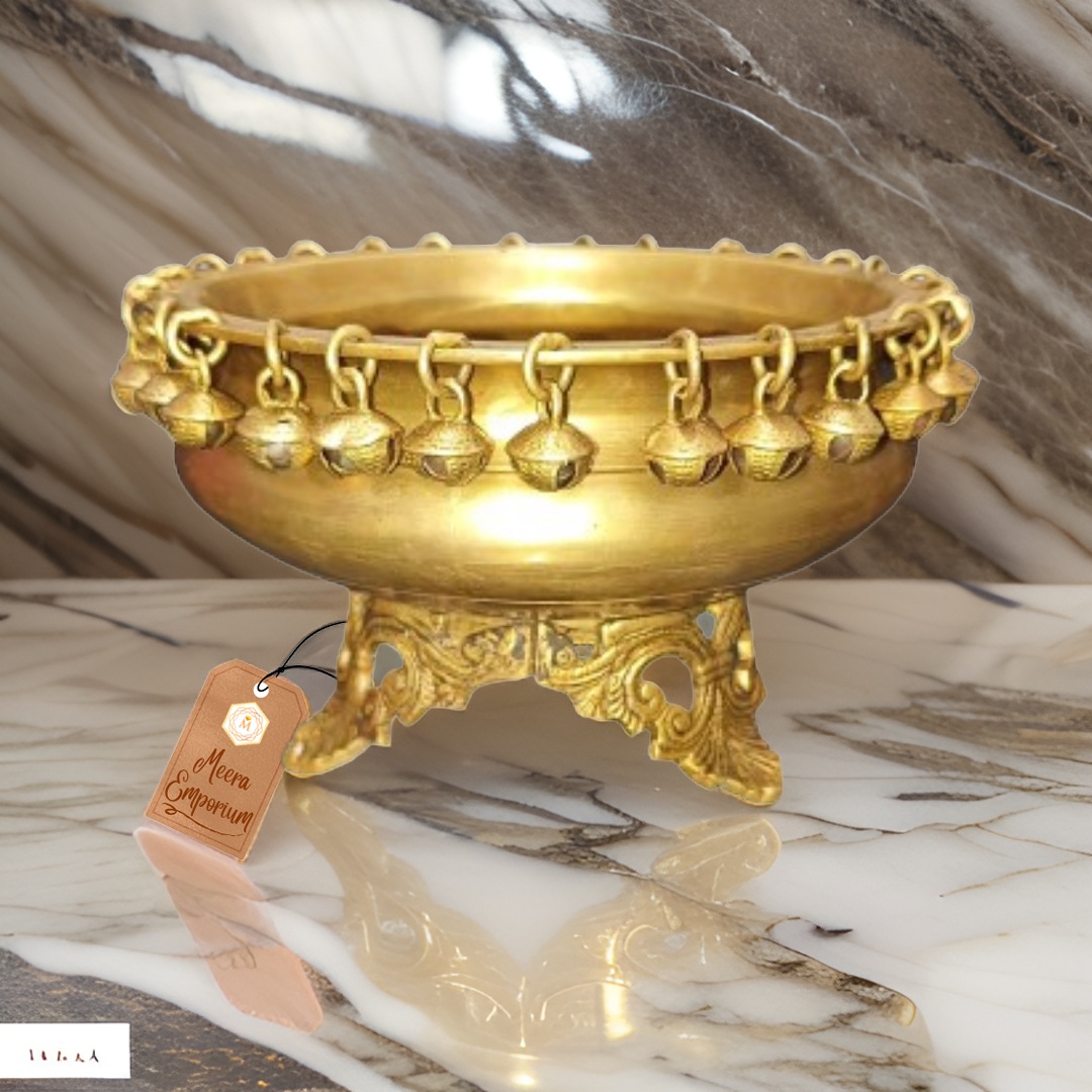 Brass Urli Bowl with Ghungroo & Stand weight 1.8kg | height 22cm | width 13cm