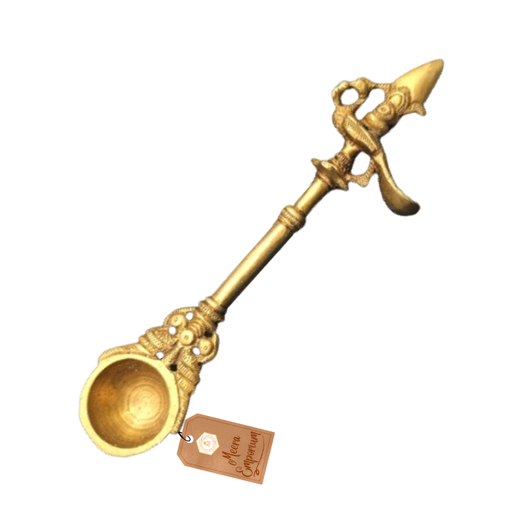 Brass Unique Spoon or Chammach (Mor Design) for Home Pooja Ghar 120gm 18cm
