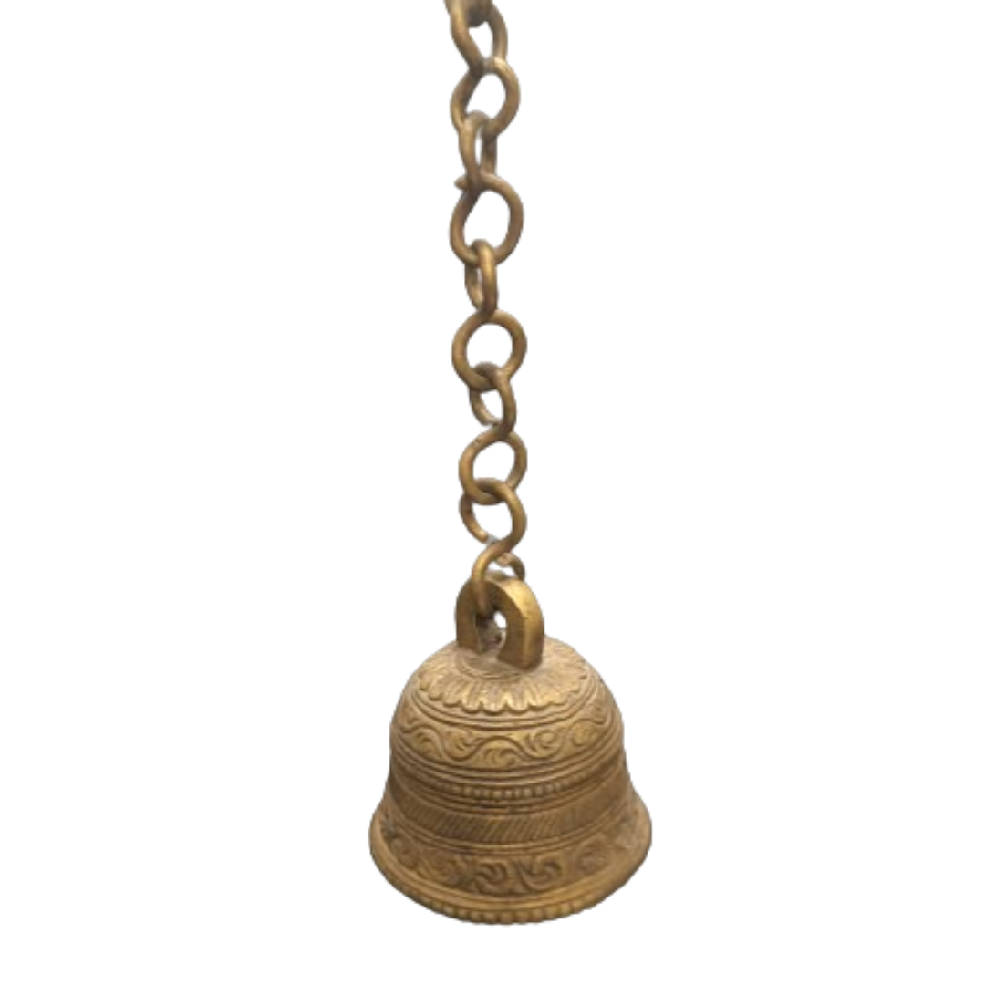 Hanging Bell brass metal with chain for hanging Unique Art for home decor 55cm Height (6.2 bell Height) 340gm weight