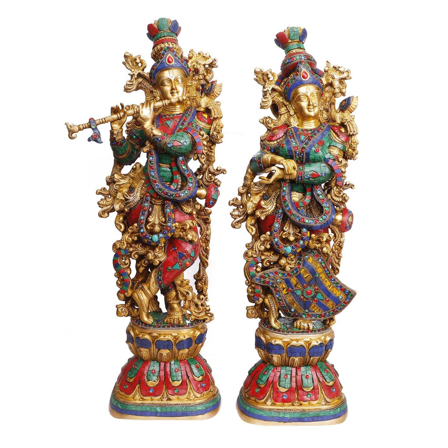 Brass Radha Krishna Idol – 29 Inch Multicolor Stone Work Statue | Murli Krishna Radha for Mandir & Gifting | Meera Emporium