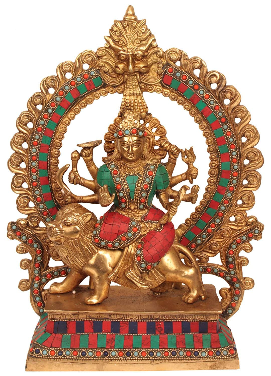 Goddess Durga Brass Idol Seated on Lion with Kirtimukha | 14.5 Inch Multicolour Handmade Statue | Meera Emporium