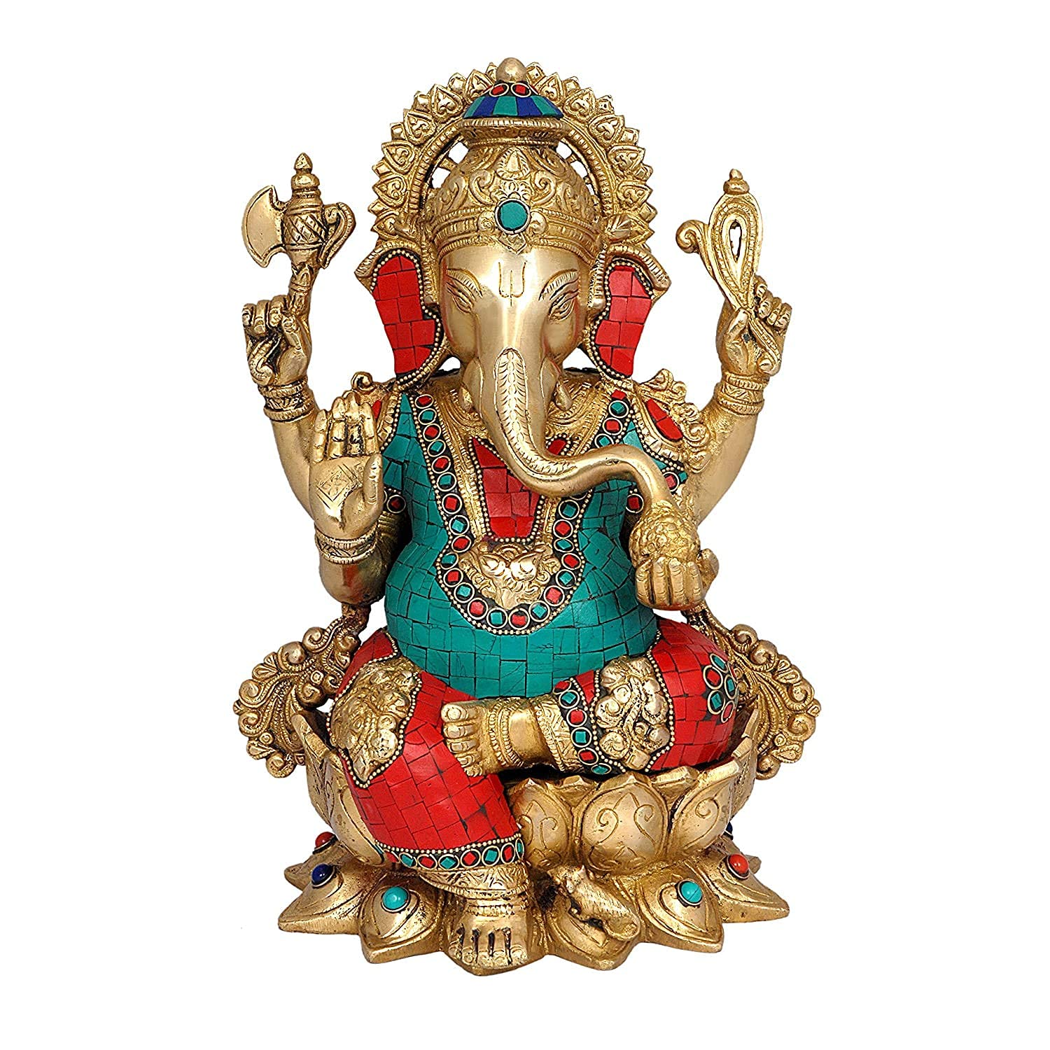 Mangalkari Ganesha Sitting on Lotus Pedestal – 13.1 Inch Brass Idol | Prosperity & Auspicious Home Décor | Meera Emporium