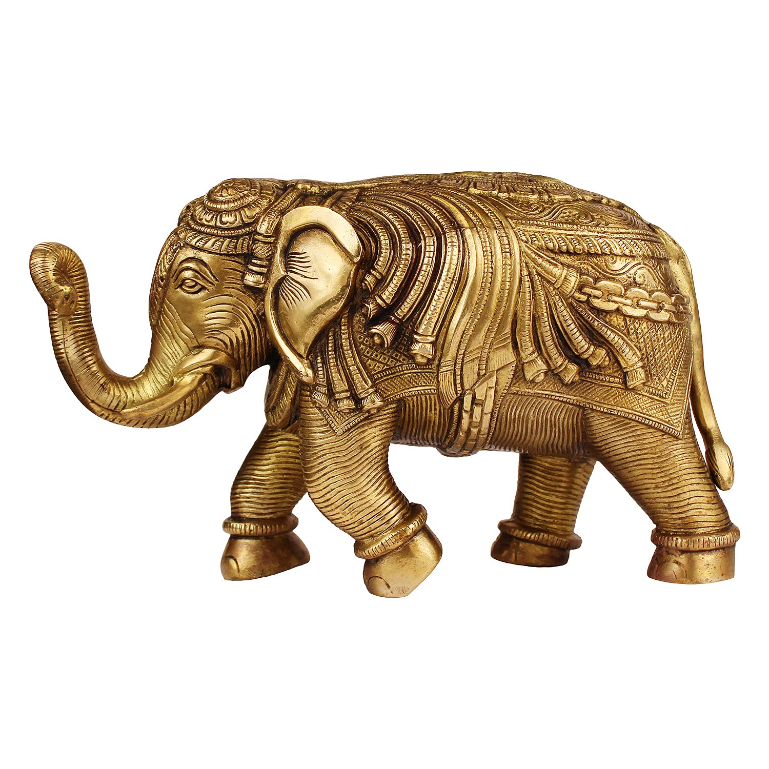 Brass Elephant Idol with Trunk Up – Fine Carving Vastu Figurine for Good Luck & Prosperity | 9 Inch | Handmade Brass Statue | Meera Emporium